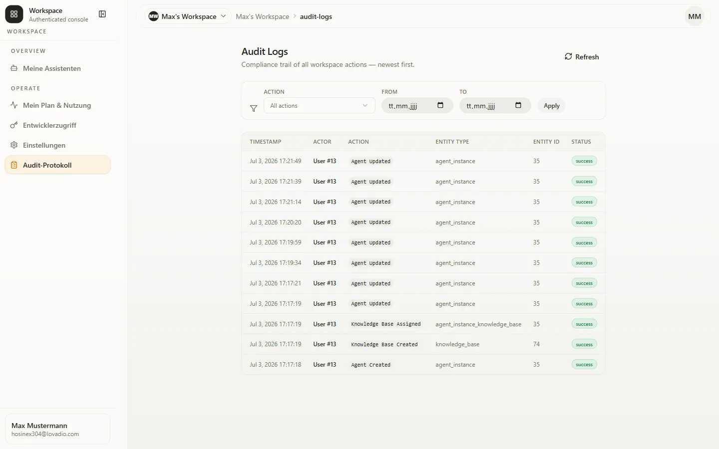 Audit-Log — jede Workspace-Aktion, filterbar