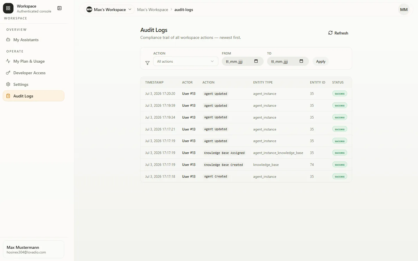 Audit log — every workspace action, filterable